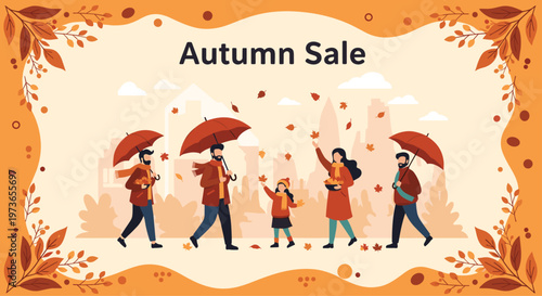 Family and individuals walking with red umbrellas through a city park during an autumn sale event with falling orange leaves.