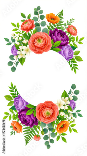 Floral semi circle frames with orange ranunculus and purple peonies.