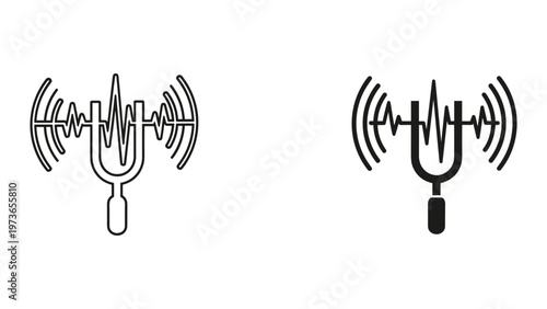 Two microphone icons with sound wave graphics in black and white on a plain background