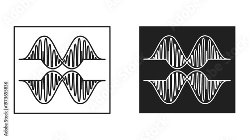 A minimalistic black and white image featuring symmetrical waveforms arranged in a grid pattern that symbolize sound or audio signals