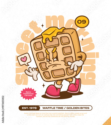 Buttermilk Waffles Trendy Retro Cartoon Vector Hand Drawn 9