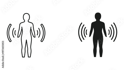 A graphic illustration of two human figures with sound waves emitting from their bodies in black and white