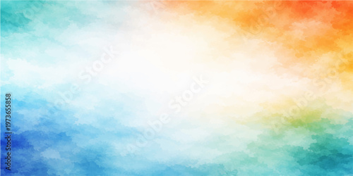 Abstract colorful watercolor background featuring a bright blue sky with fluffy white clouds and beautiful sunny atmosphere