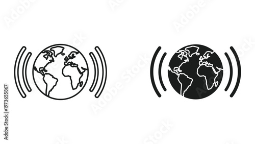 A stylized icon of a globe displaying the continents surrounded by sound wave symbols representing global communication and connectivity in a simple, minimalistic design in black and white.