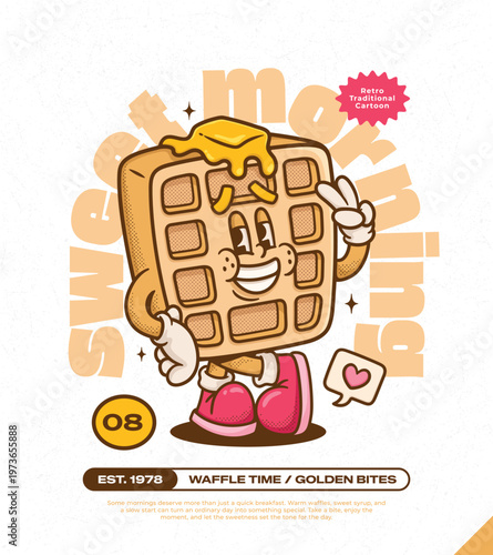 Buttermilk Waffles Trendy Retro Cartoon Vector Hand Drawn 8