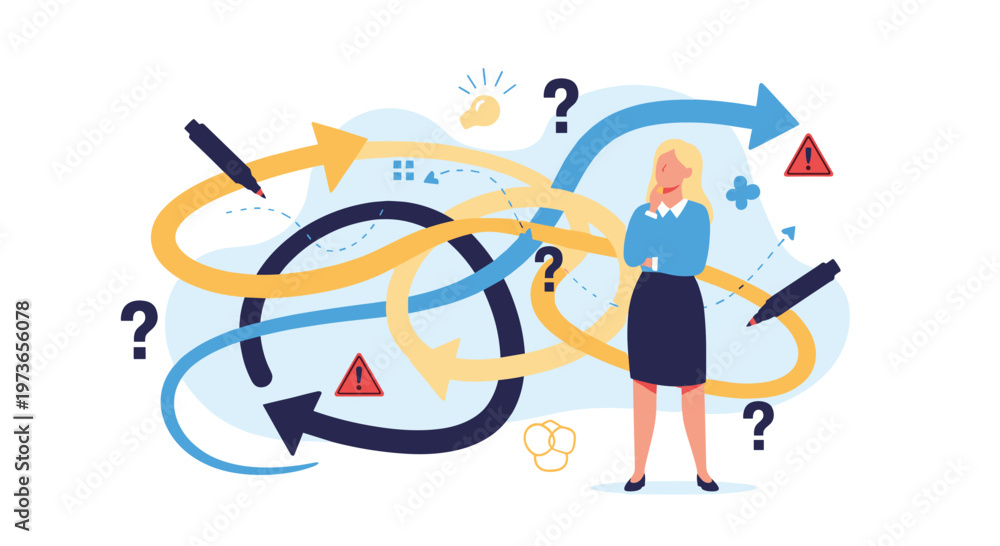 Fototapeta premium Professional woman standing thoughtfully amidst a chaotic tangle of arrows and question marks representing complex decision making.