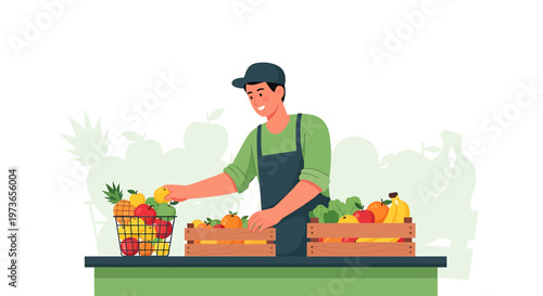 Smiling greengrocer arranging fresh fruits and vegetables at market stall