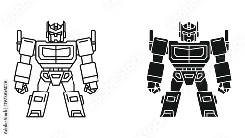 A black and white illustration of a classic robot toy with a boxy body and limbs showing a retro design style suitable for vintage toy collections and sci-fi themed artwork