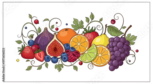 Vibrant Assortment of Fresh Fruits and Berries with Greenery and Swirls