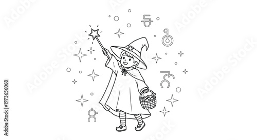 Line art illustration of a happy child dressed as a witch holding a magic wand and a basket surrounded by sparkling stars for coloring.