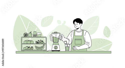 Young man making a healthy smoothie with fresh fruits and vegetables in a blender