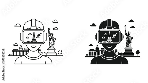 A person wearing a virtual reality headset exploring a virtual world with iconic landmarks and a skyline backdrop in a modern digital environment