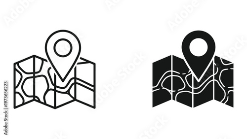 A simple black and white line drawing of a folded map with a location marker indicating a specific point of interest on the map.