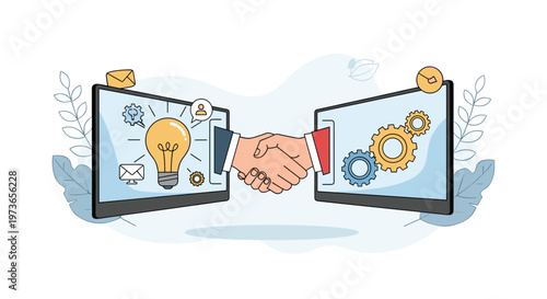 Digital handshake between two computer monitors representing a successful business partnership, creative ideas, and technical synergy.