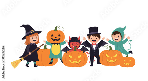 Group of cheerful children dressed in Halloween costumes including a witch, devil, vampire, and elf posing with carved pumpkins.