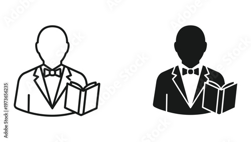 Two black and white illustrations of a man in a tuxedo reading a book in both line and silhouette styles