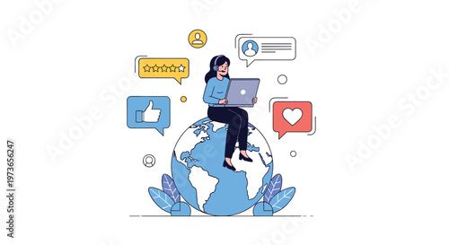 Customer support representative sitting on top of the world using a laptop surrounded by rating stars and social media feedback icons.