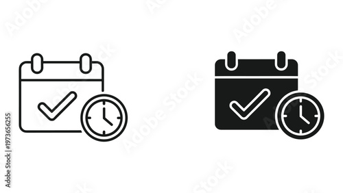 Two calendar icons with checkmarks and clocks on a white background for time management and scheduling