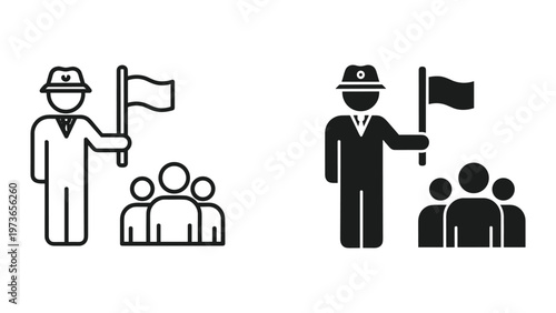 A man wearing a suit and hat is standing outdoors in front of a group of three people while holding a flag, suggesting a scene of leadership, presentation, or public speaking in an open environment.