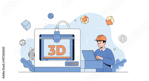 Male technician wearing a safety helmet operating a professional 3D printer to create geometric models while using a laptop.