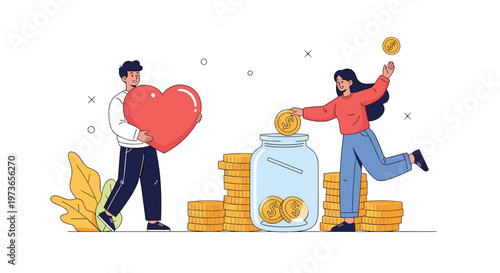 Man carrying a large red heart and a woman dropping golden coins into a donation jar to support a charitable cause.