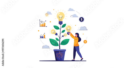 Creative concept showing a woman nurturing a plant in a pot that produces glowing lightbulbs instead of flowers or fruit.