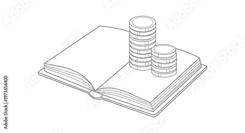 financial literacy concept featuring an open book and stacked coins symbolizing money education and investment knowledge.