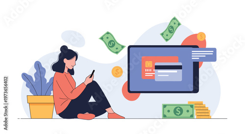 Woman sitting comfortably and using her smartphone for online shopping and digital payments with floating credit cards and money.