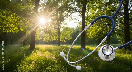A stethoscope lies in a serene forest clearing bathed in warm sunlight filtering through the trees.