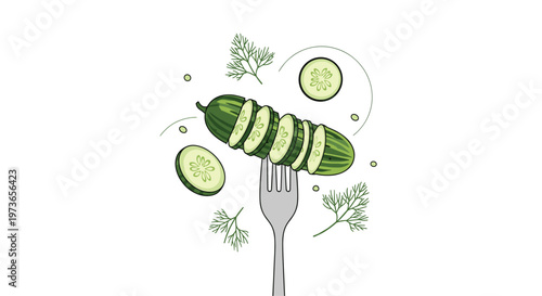 Freshly sliced green cucumber pieces held on a silver fork surrounded by sprigs of dill on a clean white background.
