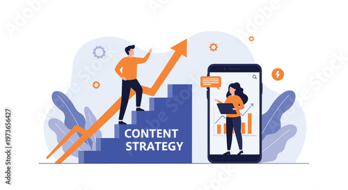 Professional team developing a content strategy featuring a man climbing a staircase and a woman presenting on a smartphone screen.