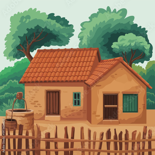 Traditional Village House with Well and Green Landscape Illustration