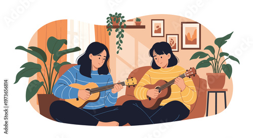 Two friends sit together on a sofa in a cozy living room playing ukuleles and enjoying a musical hobby session at home.