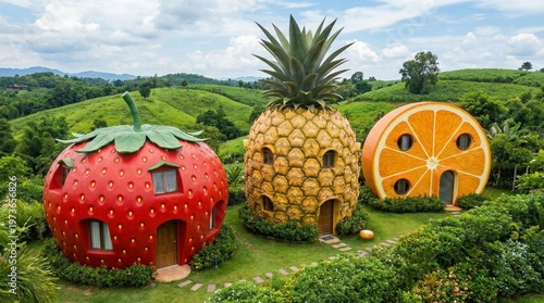 Fruit shaped houses in green landscape with rolling hills under blue sky