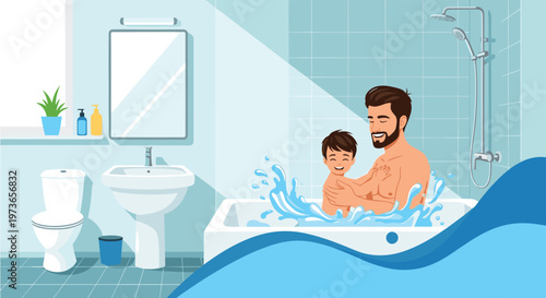 Smiling father and young son enjoy bath time together in a bright bathroom with splashing water and playful atmosphere.