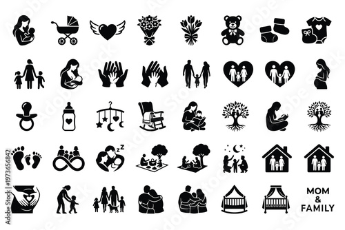 A vector silhouette collection of 40 different icons celebrating motherhood and family .eps