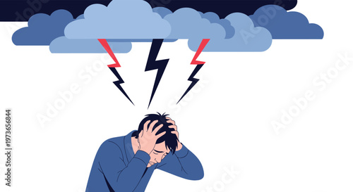 Man holding his head in pain under a dark storm cloud with red lightning bolts representing stress headache or anxiety.