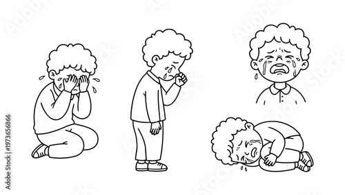 Emotional cartoon boy scenes line art vector illustration design element for storytelling feelings expression and character development concept