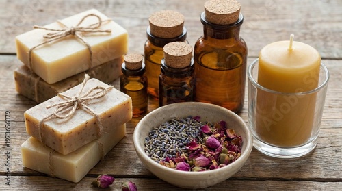 Relaxing spa products arranged on a wooden table with soap, bottles, candle, and herbs.