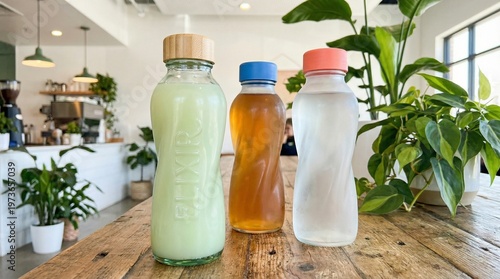 Three bottles of drinks on a wooden table in a cafe with plants