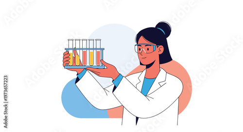 Female laboratory scientist in white coat and safety goggles holds a rack of test tubes with colorful liquid for research.