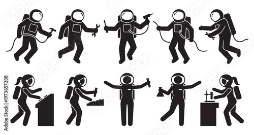Astronauts in Zero Gravity Silhouettes Set Pack. Editable Vector Stroke Illustration. featuring astronaut, space, vector, illustration, graphic, design, science, engineering more silhouettes.
