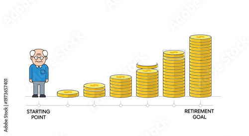 Illustration showing an elderly man near a growing stack of coins representing savings for retirement
