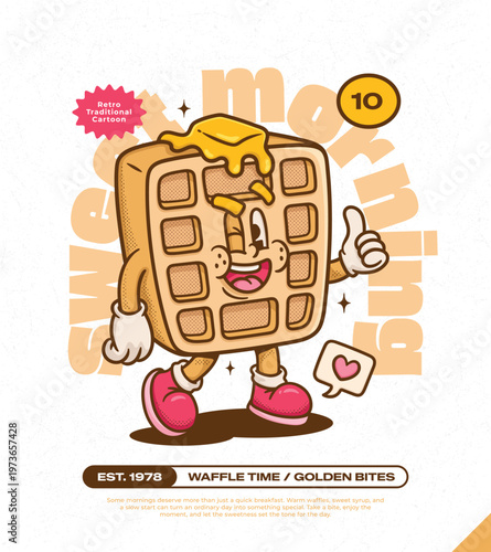 Buttermilk Waffles Trendy Retro Cartoon Vector Hand Drawn 10