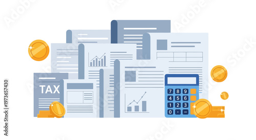 Accounting And Finance Documents With Calculator And Coins Representing Business And Taxation