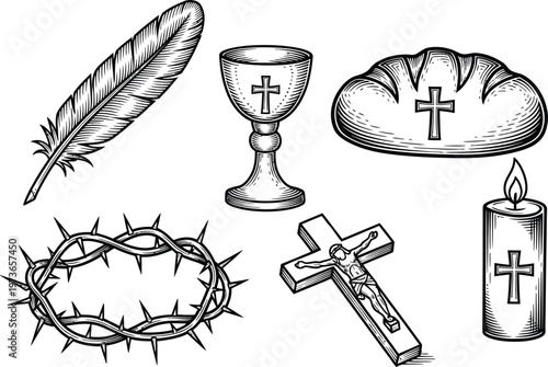 Christian religious symbols feather chalice bread candle crown of thorns and cross