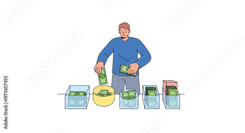 Person diligently organizing and distributing cash into multiple containers, embodying efficient financial management, budgeting, and saving concepts
