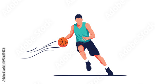 Athletic basketball player in a turquoise jersey and black shorts dynamically dribbling an orange ball on a plain white background.