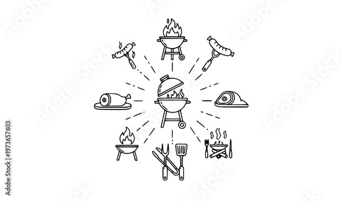 Modern barbecue icons radial layout grill fire sausage and cooking tools editable stroke vector set