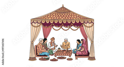 Traditional Indian wedding ceremony depicted with a couple and elders sitting under a beautifully decorated mandap with floral garlands.